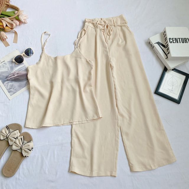 Set: Plain Camisole Top + High Waist Wide Leg Pants - Set