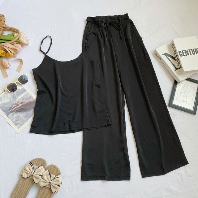 Set: Plain Camisole Top + High Waist Wide Leg Pants - Set