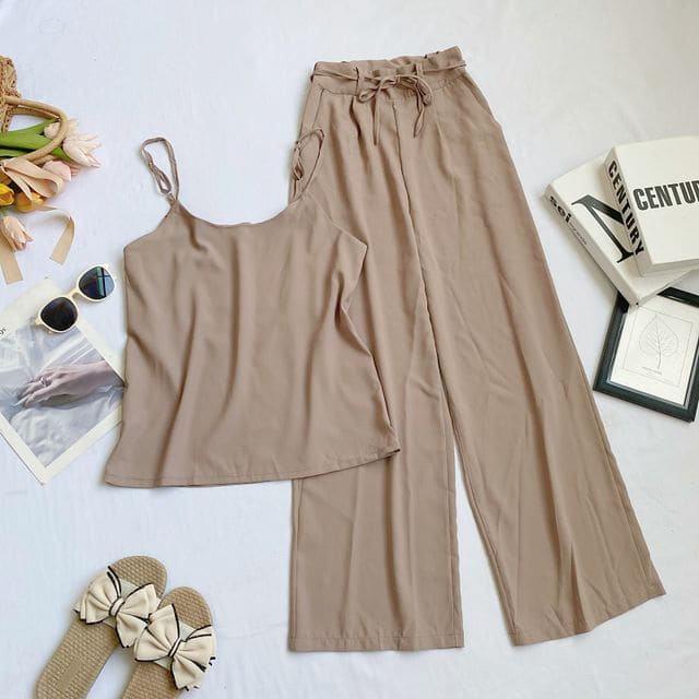 Set: Plain Camisole Top + High Waist Wide Leg Pants - Set