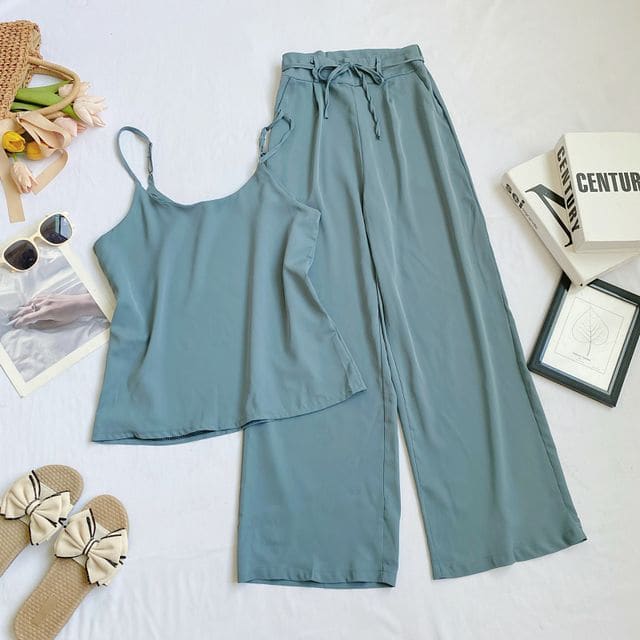 Set: Plain Camisole Top + High Waist Wide Leg Pants - Set