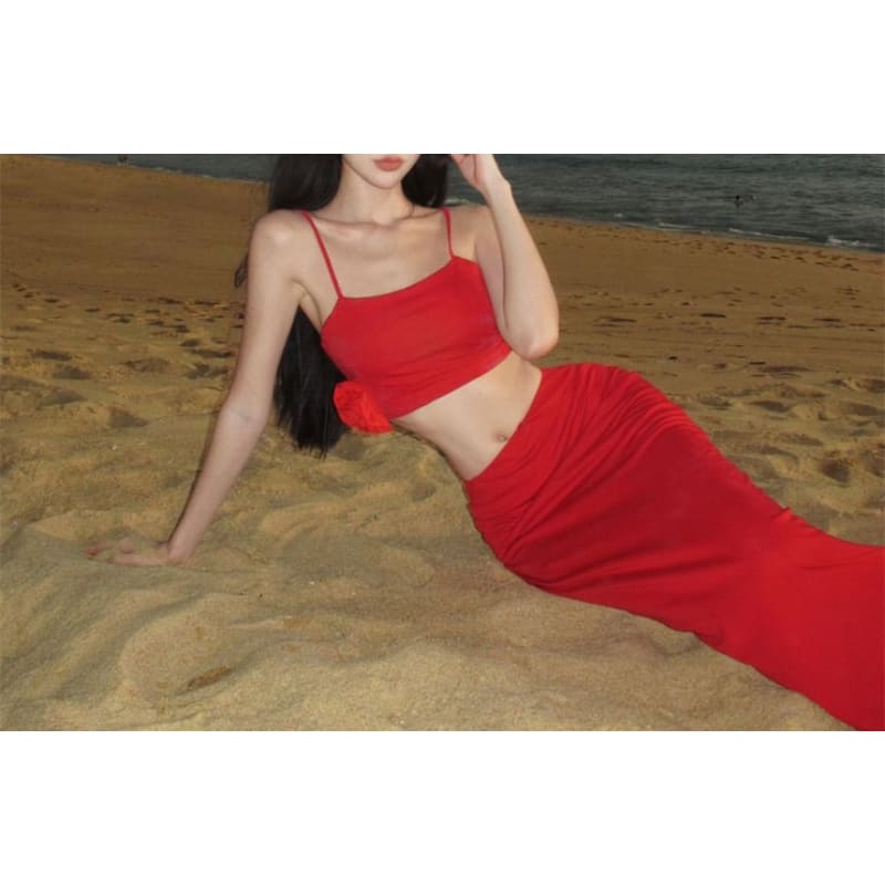 Set: Plain Crop Cami Top + Mid Waist Plain Maxi Fishtail