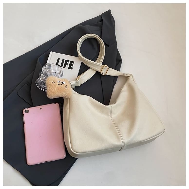 Set: Plain Faux Leather Crossbody Bag + Bag Charm