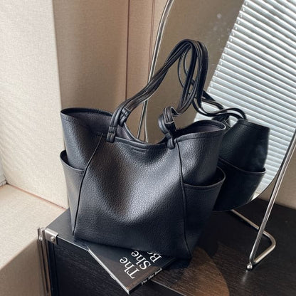 Set: Plain Faux Leather Tote Bag + Pouch - Set of 2 - Tote