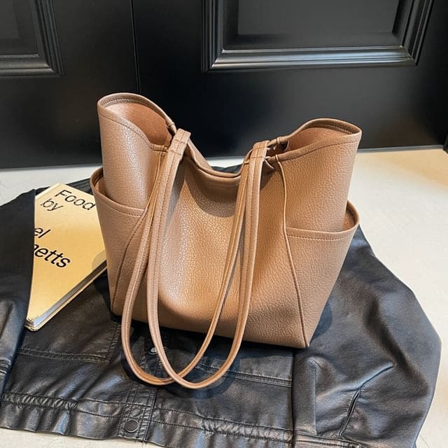 Set: Plain Faux Leather Tote Bag + Pouch - Set of 2 - Tote