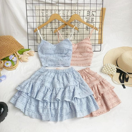 Set: Plain Lace Crop Cami Top + Elastic Waist Tiered Mini