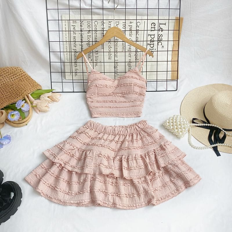 Set: Plain Lace Crop Cami Top + Elastic Waist Tiered Mini