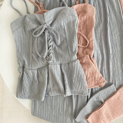 Set: Plain Lace-Up Peplum Camisole Top + Elastic Waist Wide