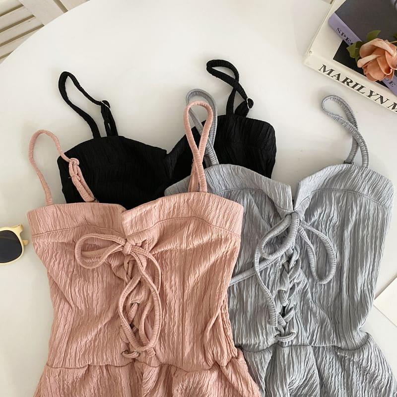 Set: Plain Lace-Up Peplum Camisole Top + Elastic Waist Wide