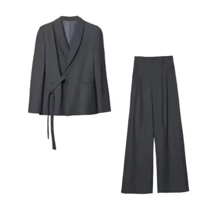 Set: Plain Tie-Strap Blazer + Loose Fit Slacks