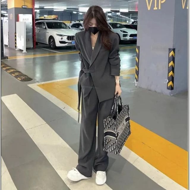 Set: Plain Tie-Strap Blazer + Loose Fit Slacks - Set of 2