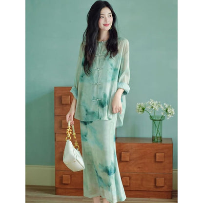 Set: Print Sheer Jacket + Spaghetti Strap Maxi Sheath Dress