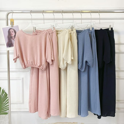 Set: Short-Sleeve Crew Neck Plain Open Back Crop Tee