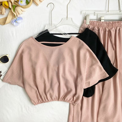 Set: Short-Sleeve Crew Neck Plain Open Back Crop Tee