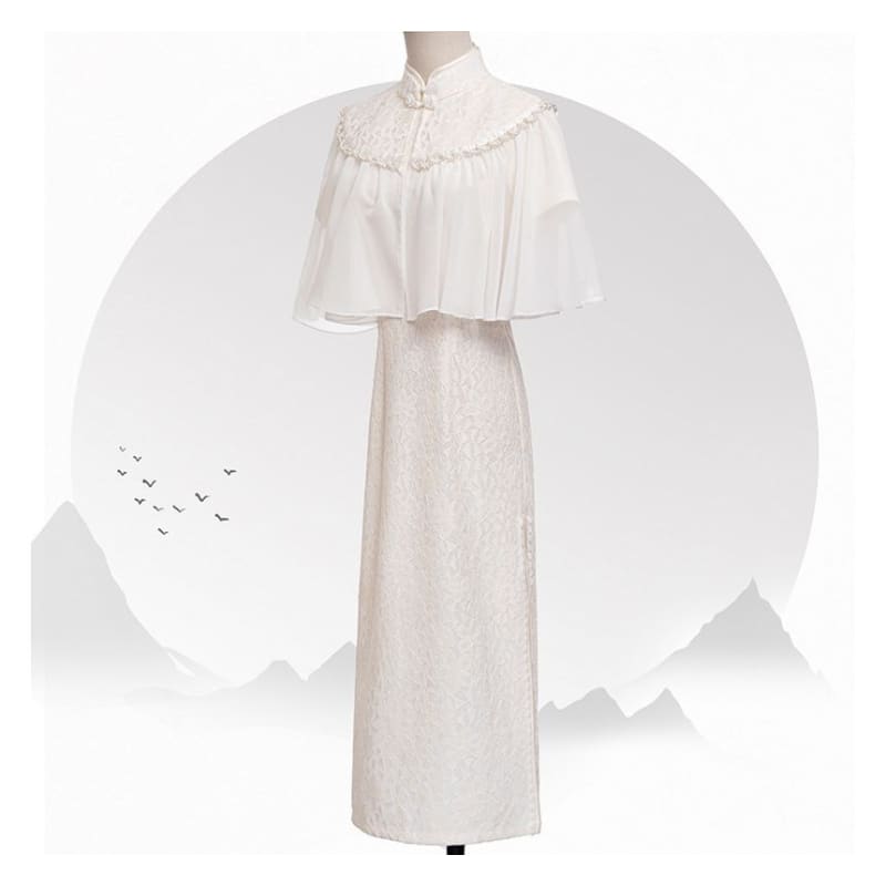 Set: Short-Sleeve Lace Midi Qipao + Faux Pearl Capelet