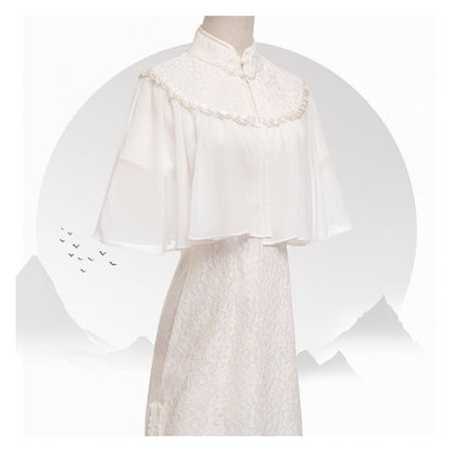 Set: Short-Sleeve Lace Midi Qipao + Faux Pearl Capelet