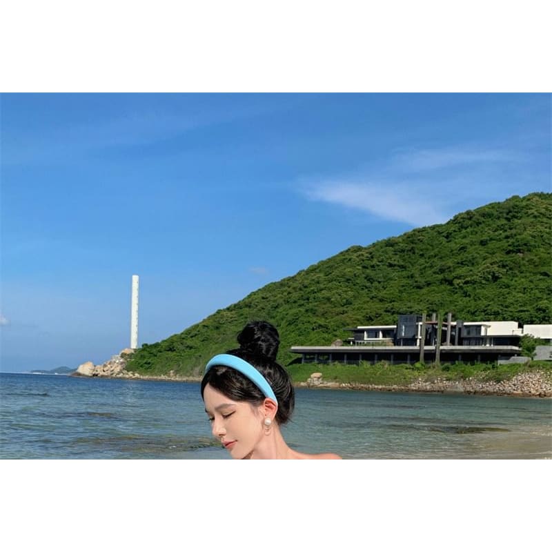 Set: Short-Sleeve Off Shoulder Plain Crop Top + Mid Waist