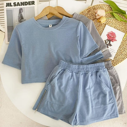 Set: Short-Sleeve Round Neck Plain Cutout Tee + Elastic