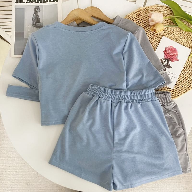 Set: Short-Sleeve Round Neck Plain Cutout Tee + Elastic