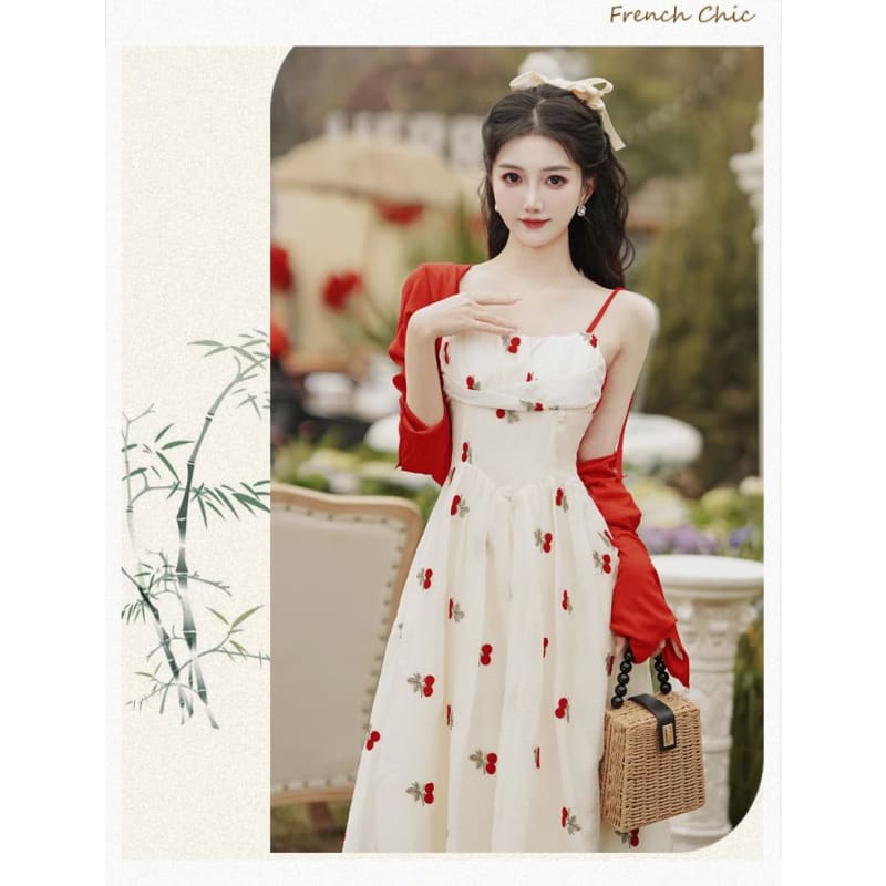 Set: Spaghetti Strap Floral Embroidered Midi