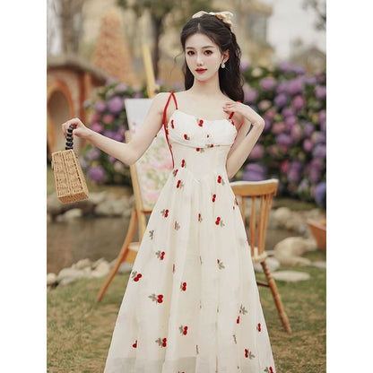 Set: Spaghetti Strap Floral Embroidered Midi