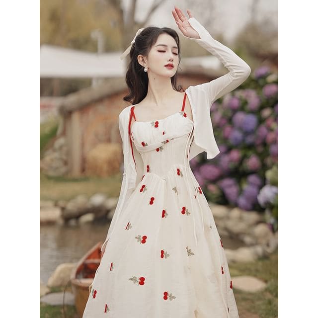 Set: Spaghetti Strap Floral Embroidered Midi - Set of 2