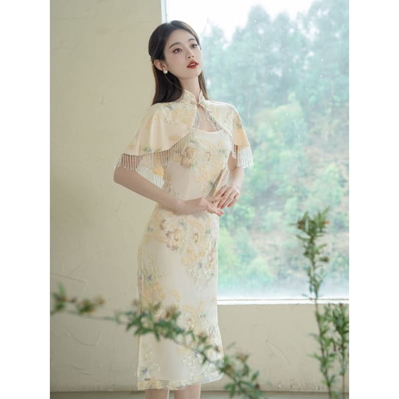 Set: Spaghetti Strap Floral Print Midi Bodycon Dress