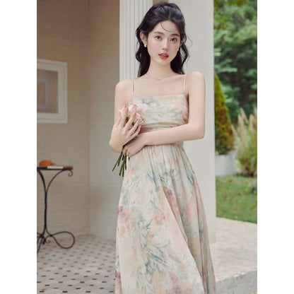 Set: Spaghetti Strap Floral Print Ruched Midi