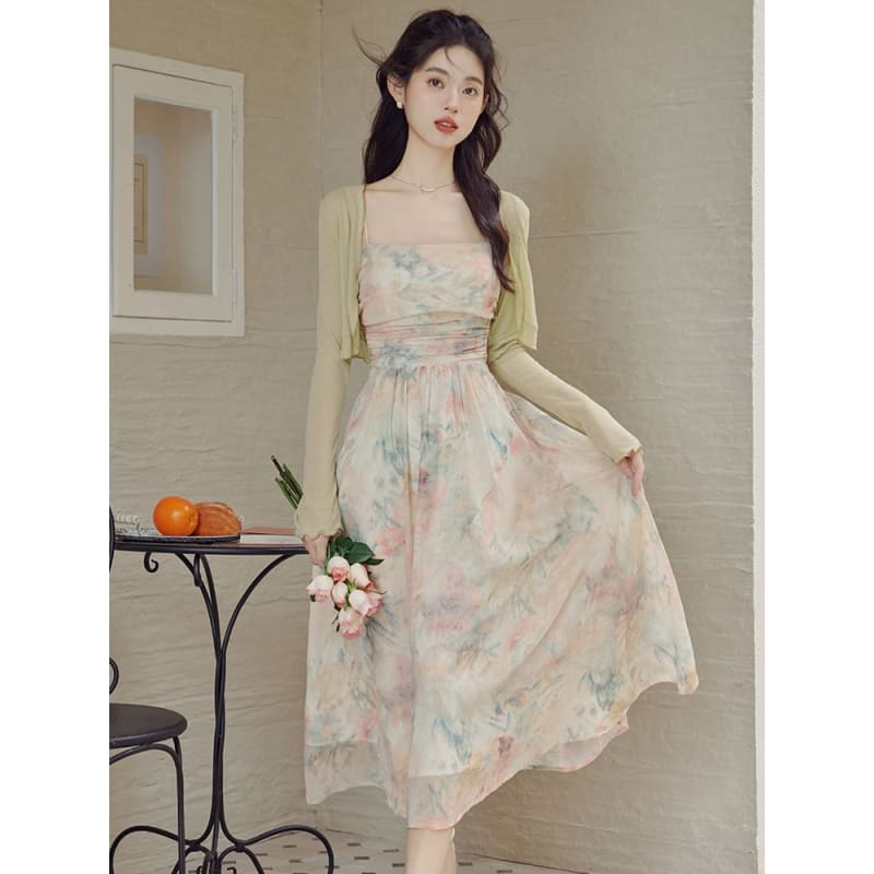 Set: Spaghetti Strap Floral Print Ruched Midi