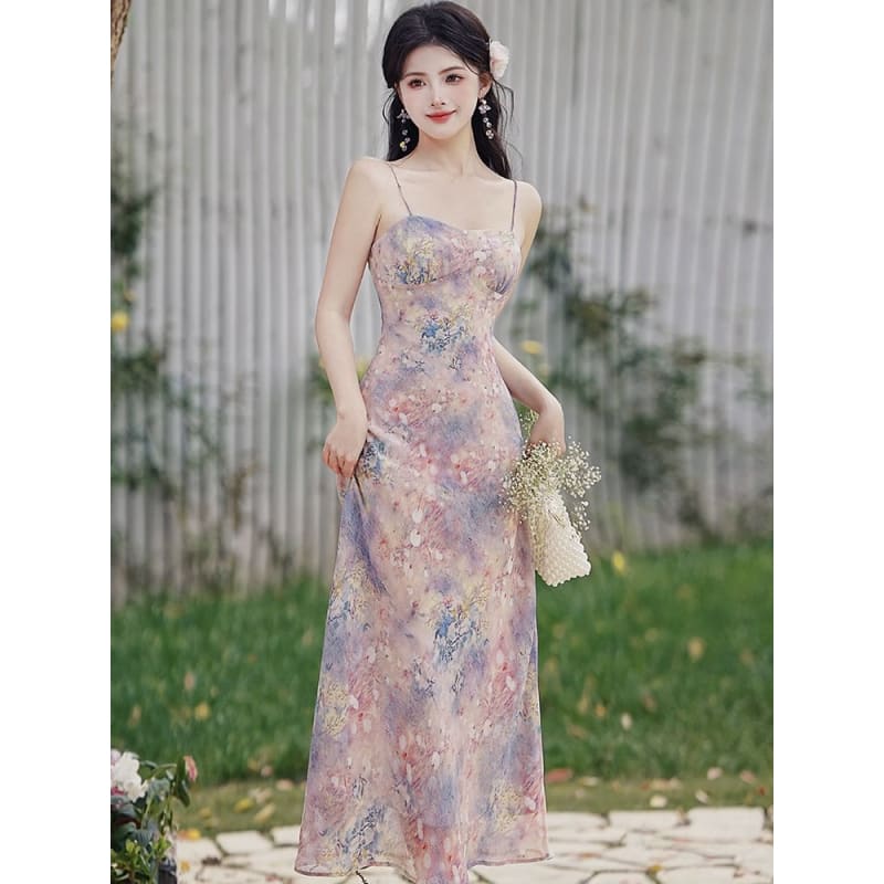 Set: Spaghetti Strap Print Maxi