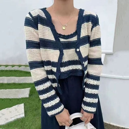 Set: Striped Cutout Cardigan + Striped Knit Tank Top - Blue