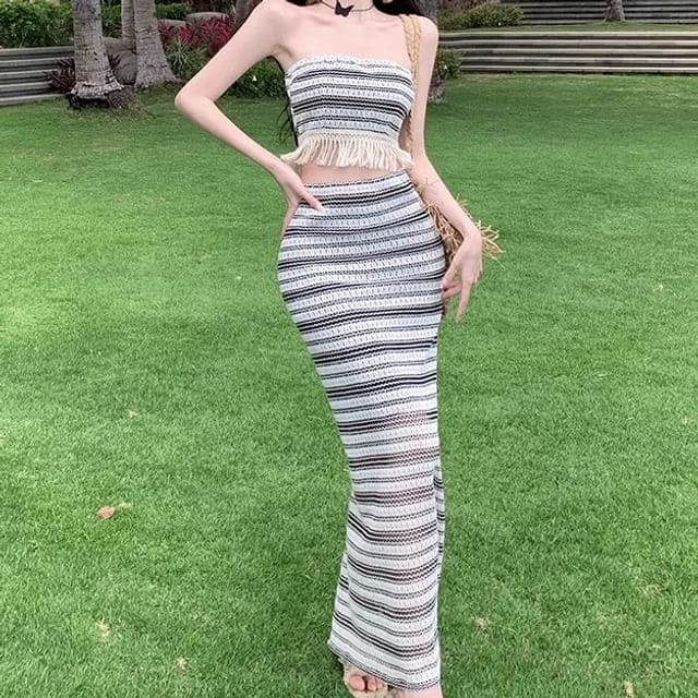 Set: Striped Fringed Crop Tube Top + High Waist Slit Maxi