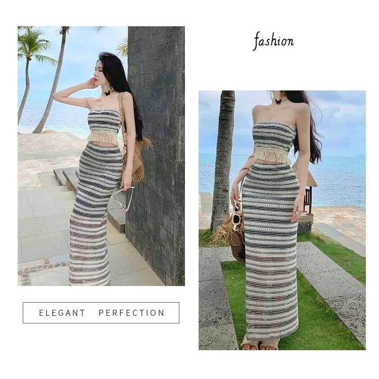 Set: Striped Fringed Crop Tube Top + High Waist Slit Maxi