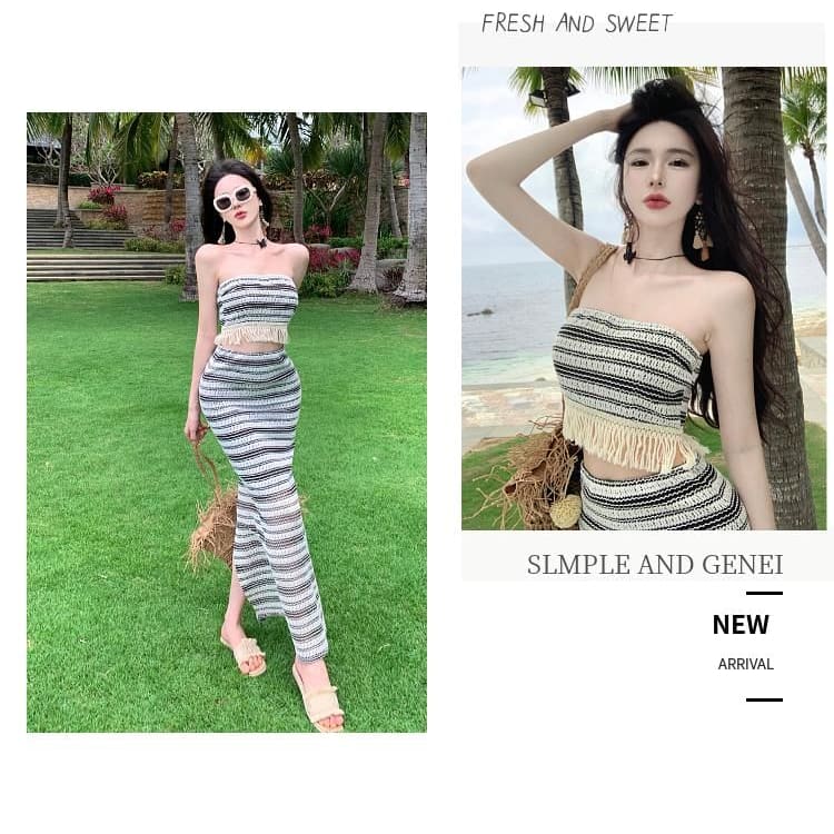 Set: Striped Fringed Crop Tube Top + High Waist Slit Maxi