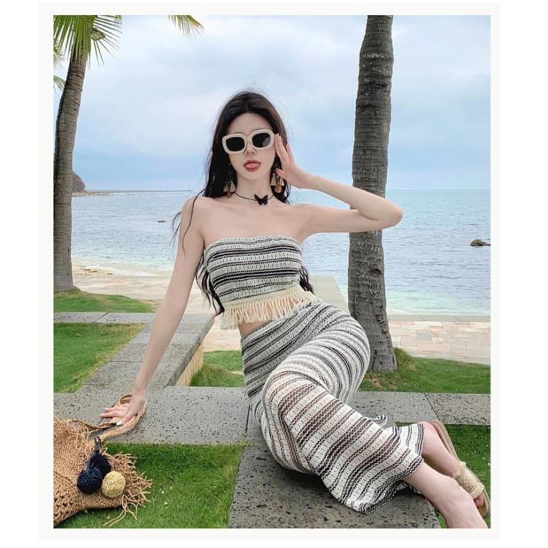 Set: Striped Fringed Crop Tube Top + High Waist Slit Maxi