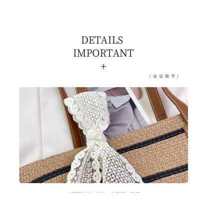 Set: Striped Straw Tote Bag + Lace Strap