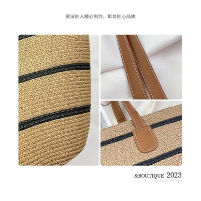 Set: Striped Straw Tote Bag + Lace Strap