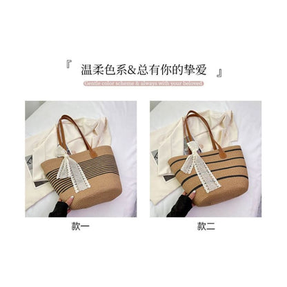 Set: Striped Straw Tote Bag + Lace Strap