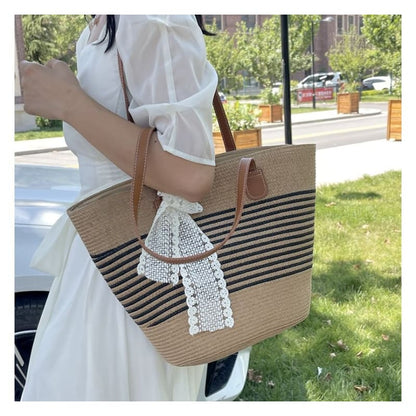 Set: Striped Straw Tote Bag + Lace Strap