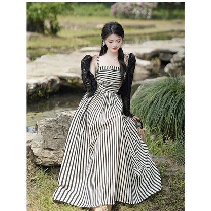 Set: Tie Shoulder Striped Ruched Maxi