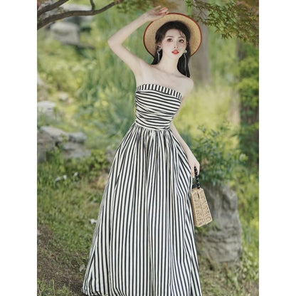 Set: Tie Shoulder Striped Ruched Maxi