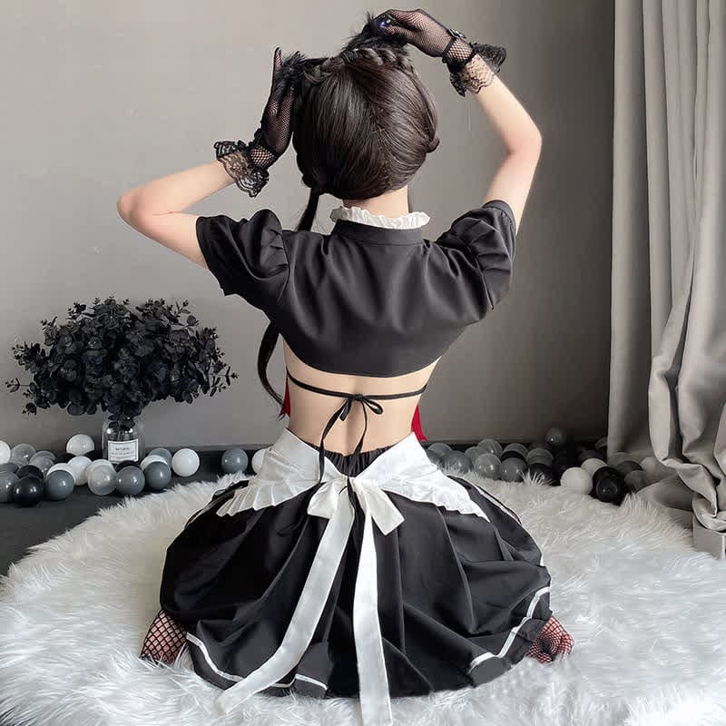 Sexy Maid Bow Decor Hollow Out Lingerie Set