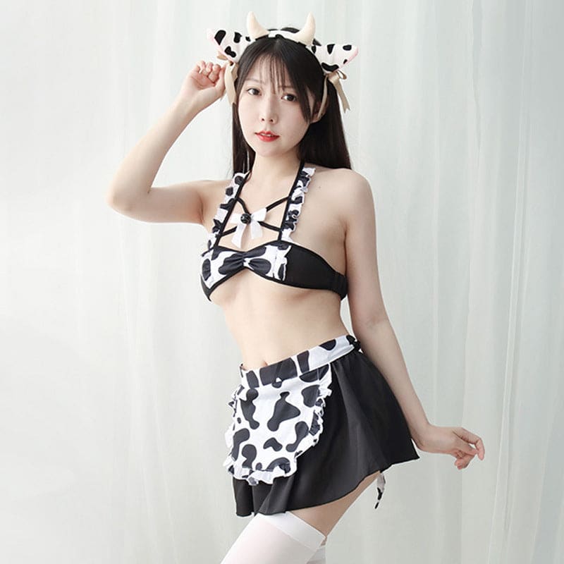 Sexy Maid Cow Print Lingerie Suit - Black / One size