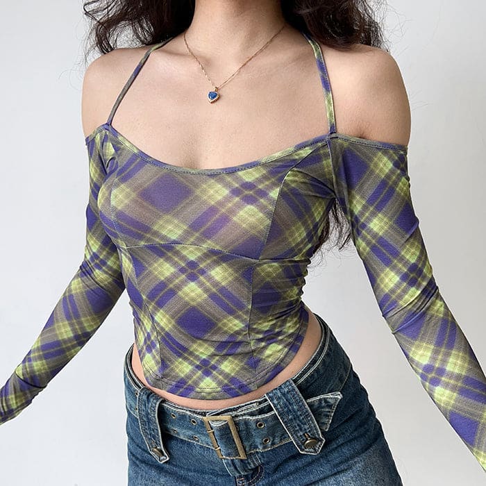 Sexy Plaid Around Halter Top - Tops