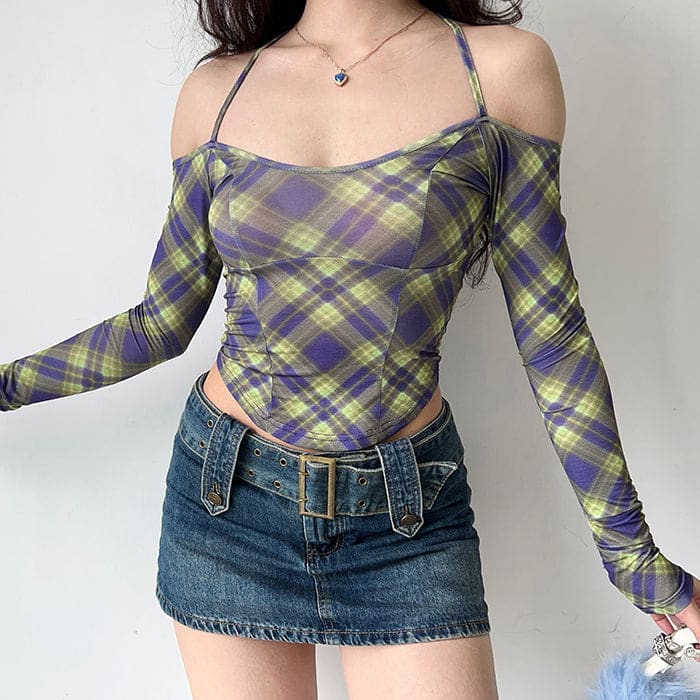 Sexy Plaid Around Halter Top - Tops