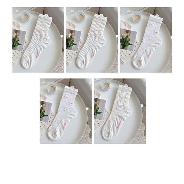 Sheer Socks Set - 5 Pair - 2 Wavy & 2 Flower & Circle