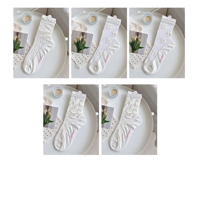 Sheer Socks Set - 5 Pair - Wavy & 2 Flower & 2 Circle