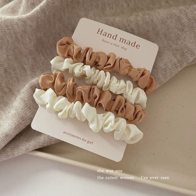 Shirred Fabric Hair Tie / Set - Set of 4 - 2 Pcs - Beige &