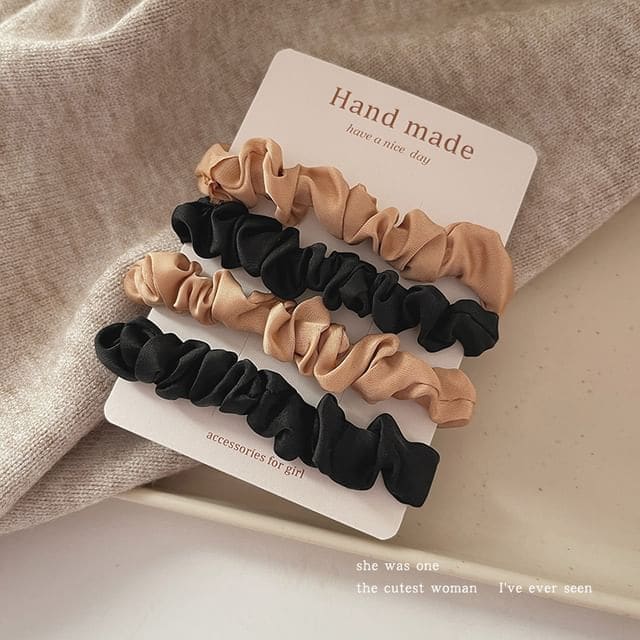 Shirred Fabric Hair Tie / Set - Set of 4 - 2 Pcs - Black &