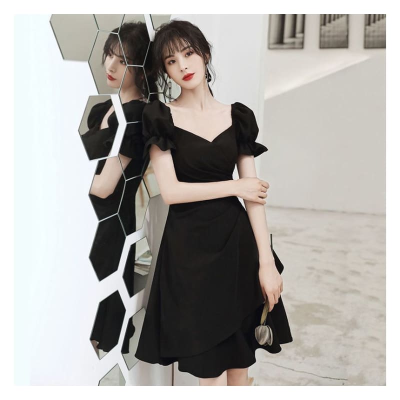 Short-Sleeve Asymmetric Ruched Plain Dress