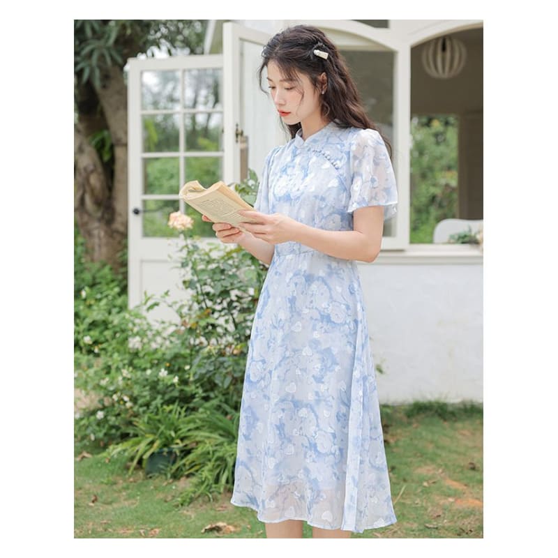 Short-Sleeve Band Collar Floral Print Midi A-Line Dress